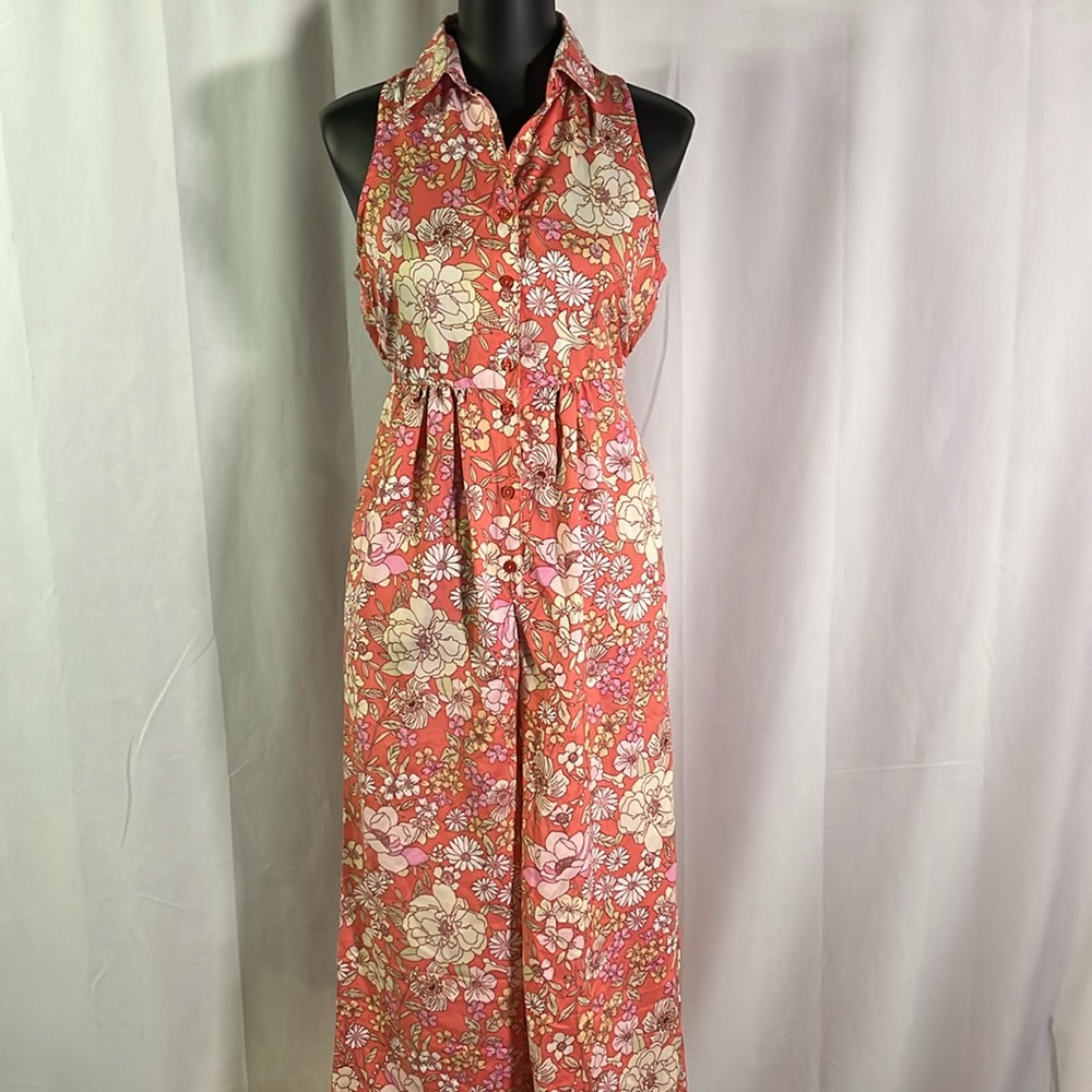 NWT BOG Collective Coral Pink Floral Print Sleeveless Cropped Wide Leg Jumpsuit